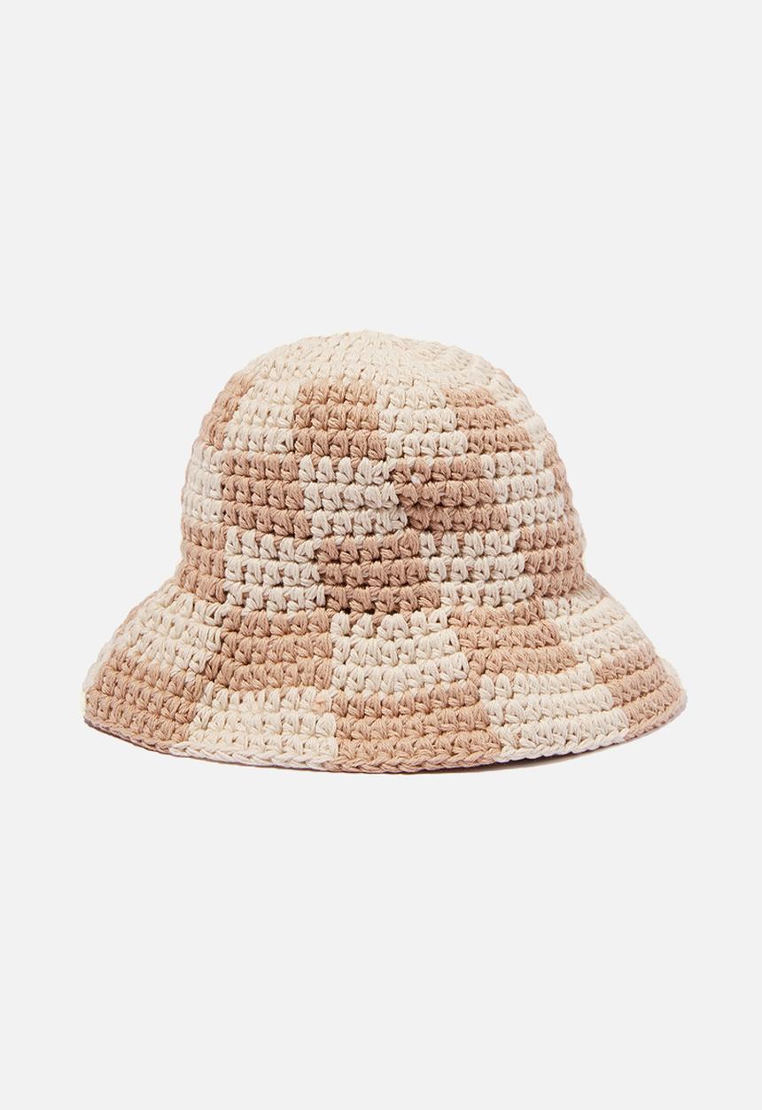 Rubi - Kelly crochet bucket hat - natural checkerboard