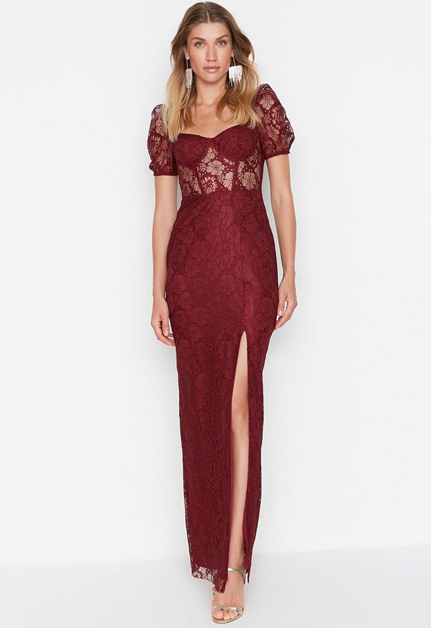 Trendyol - Lace bodice puff sleeve dress - burgundy