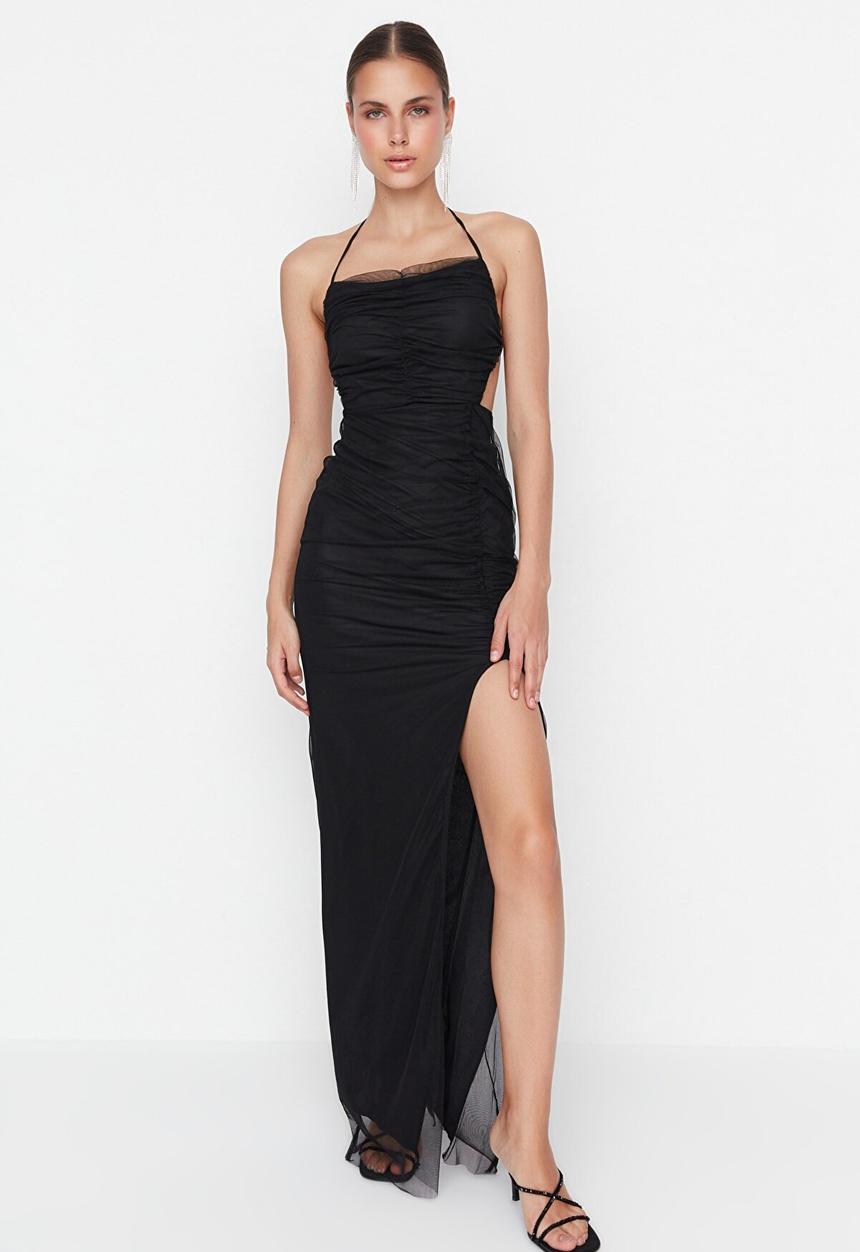 Trendyol - Ruched open back side slit dress - black