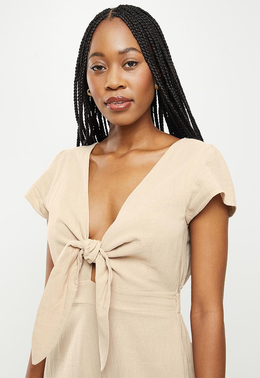 dailyfriday - Tie front wide leg jumpsuit - natural