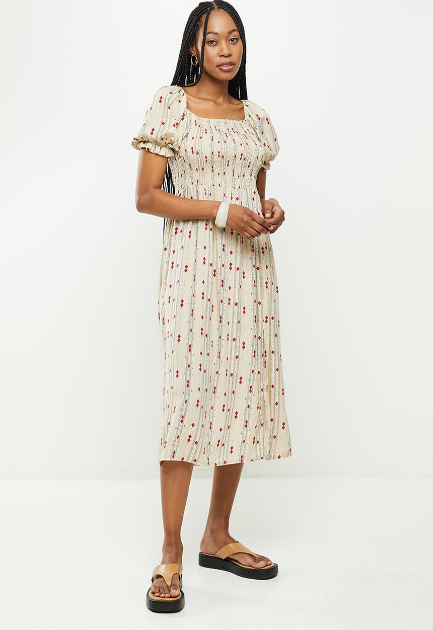 dailyfriday - Puff sleeve midi dress - natural print