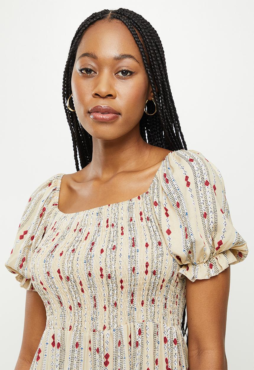 dailyfriday - Puff sleeve midi dress - natural print