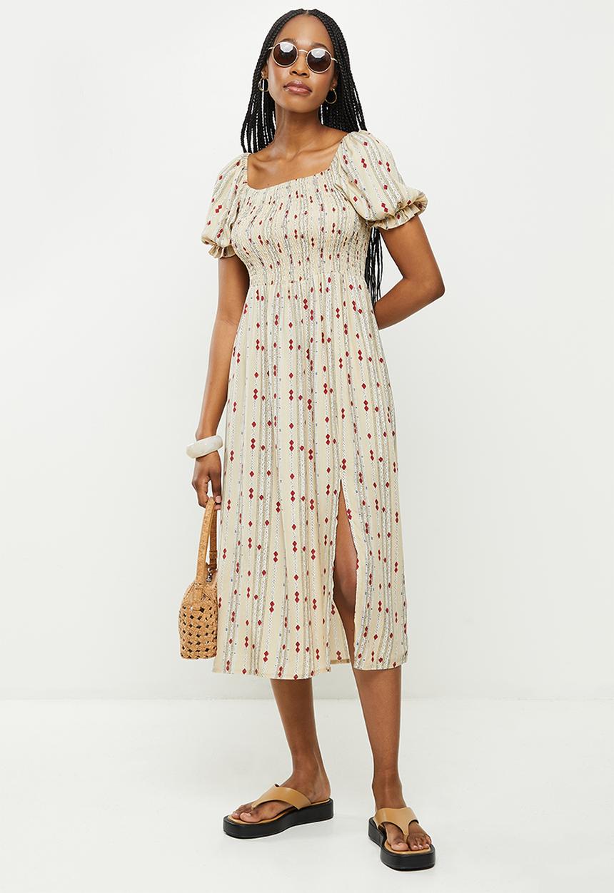 dailyfriday - Puff sleeve midi dress - natural print