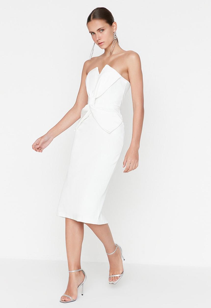 Trendyol - Bow detailed midi dress - ecru