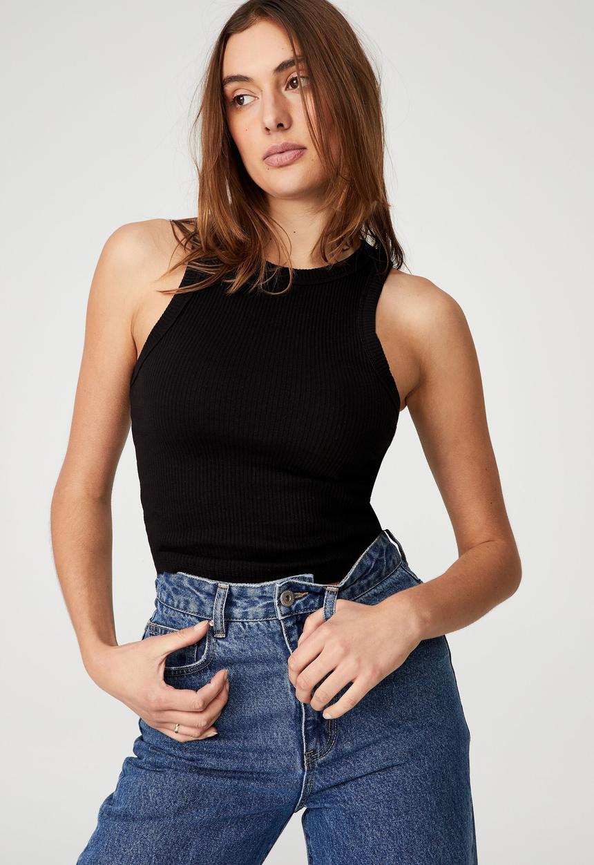 Cotton On - Essential rib racer tank - black