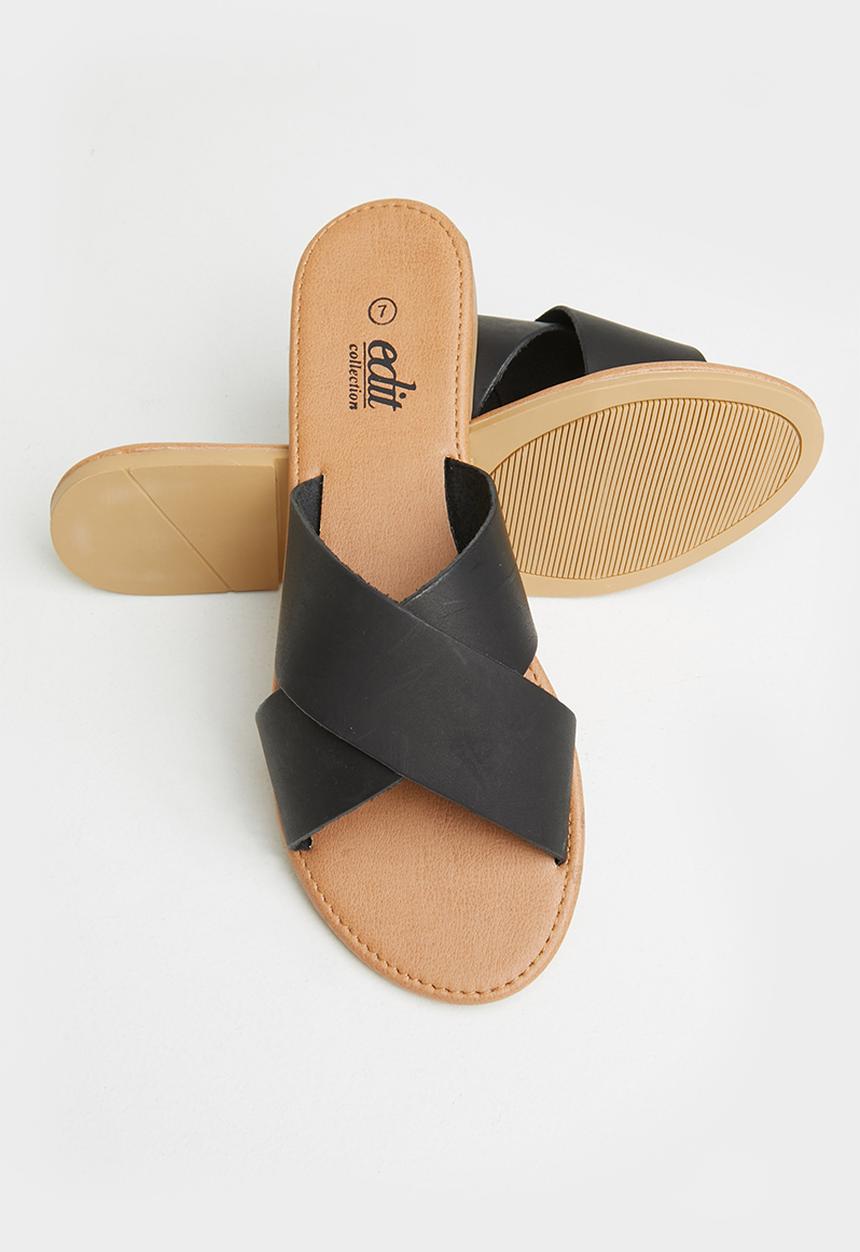 edit - Jenny cross strap leather slide - black