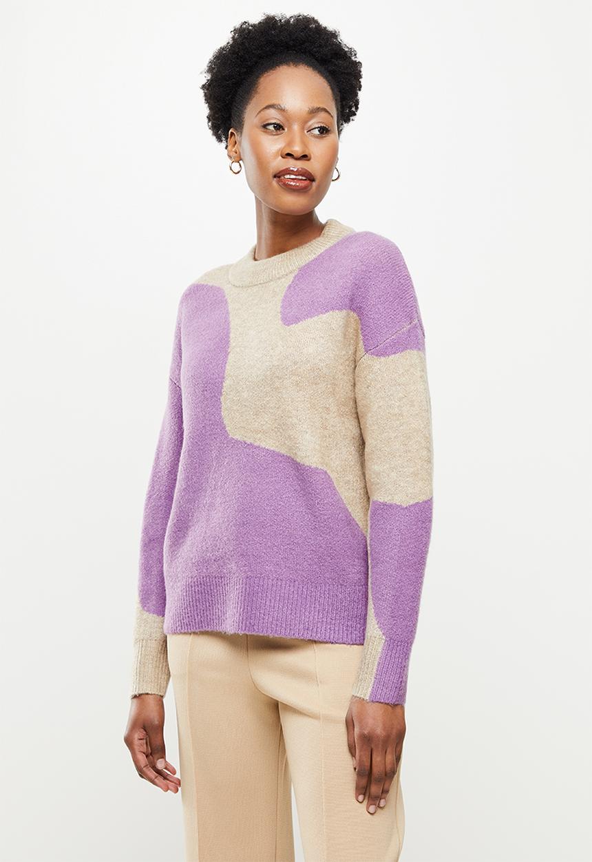 Jacqueline de Yong - Morena long sleeve jacqaurd pullover - orchid mist & sand 