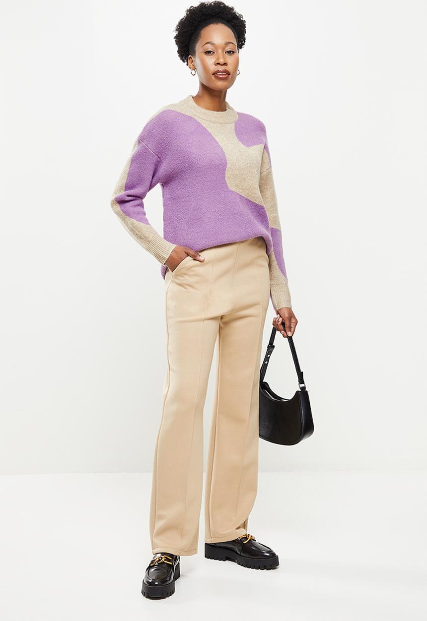 Jacqueline de Yong - Morena long sleeve jacqaurd pullover - orchid mist & sand 