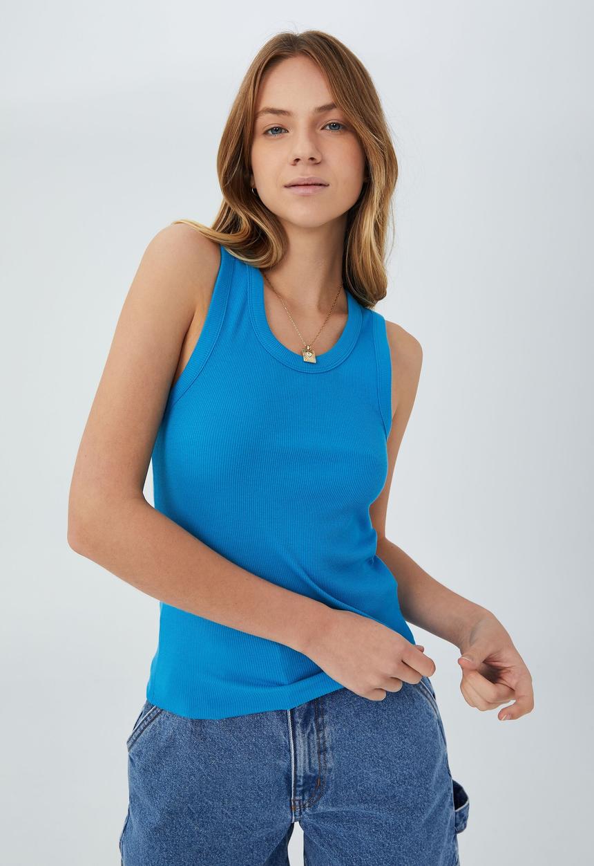 Cotton On - The one organic rib scoop tank - bright blue