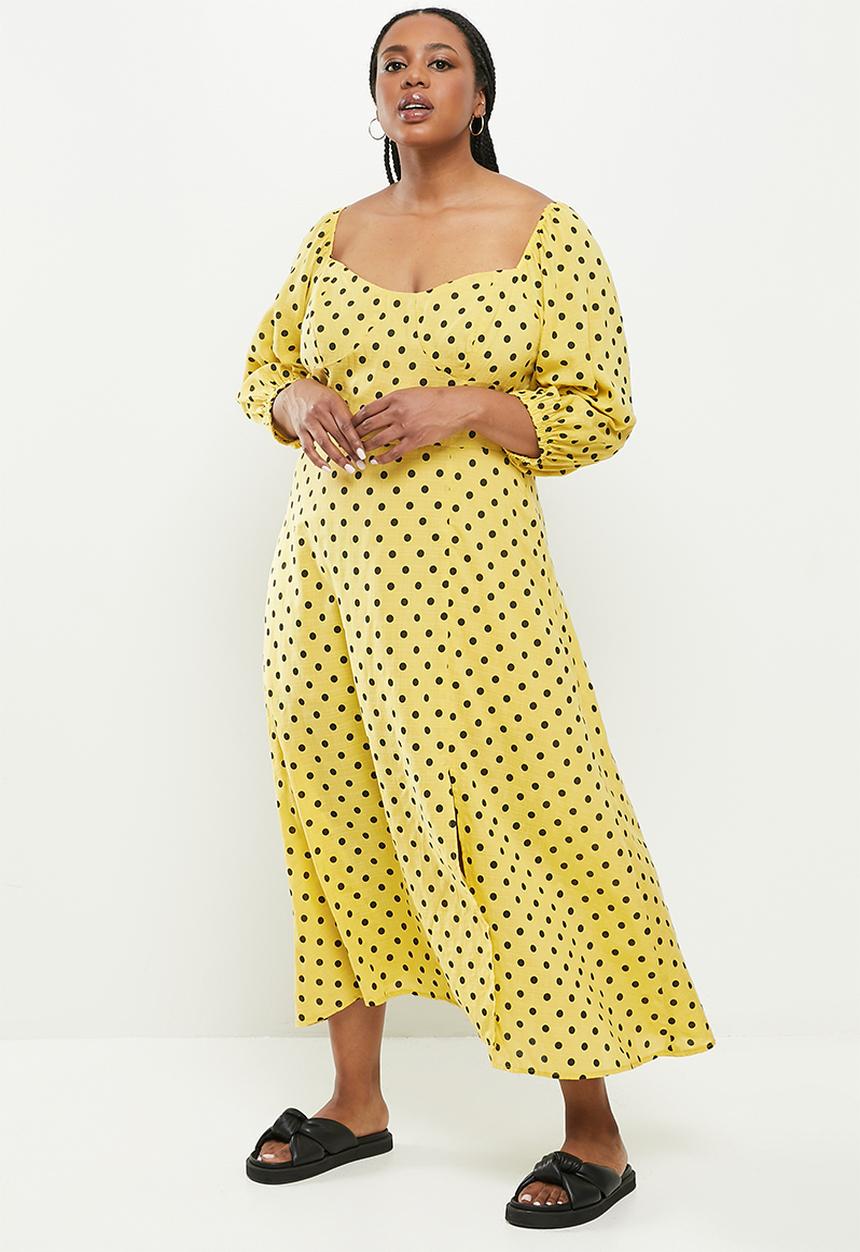 Me&B - Plus spot bodice tea dress - yellow & black