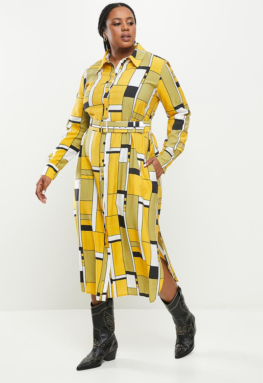 Me&B - Plus belted linen blend dress - mustard & black