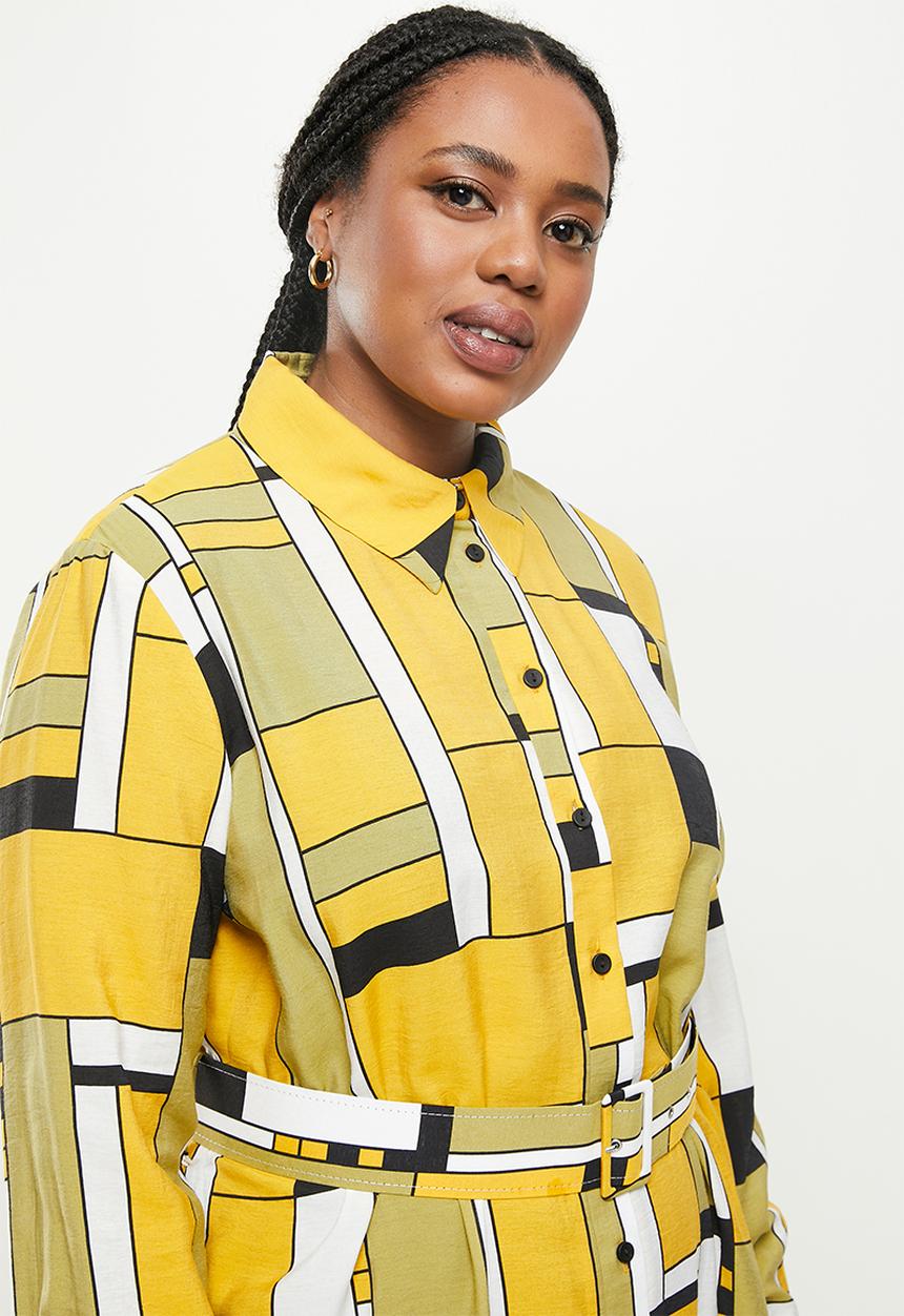 Me&B - Plus belted linen blend dress - mustard & black