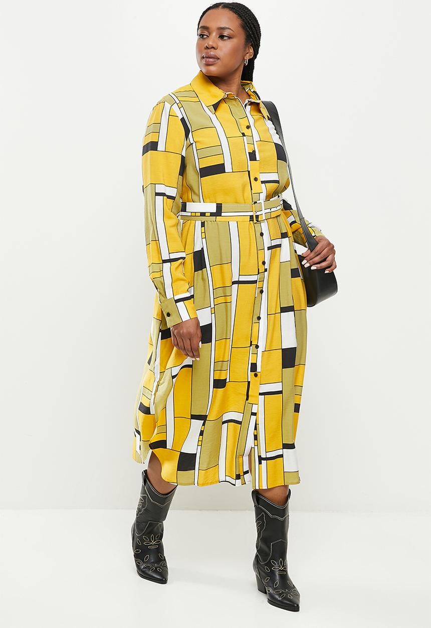 Me&B - Plus belted linen blend dress - mustard & black