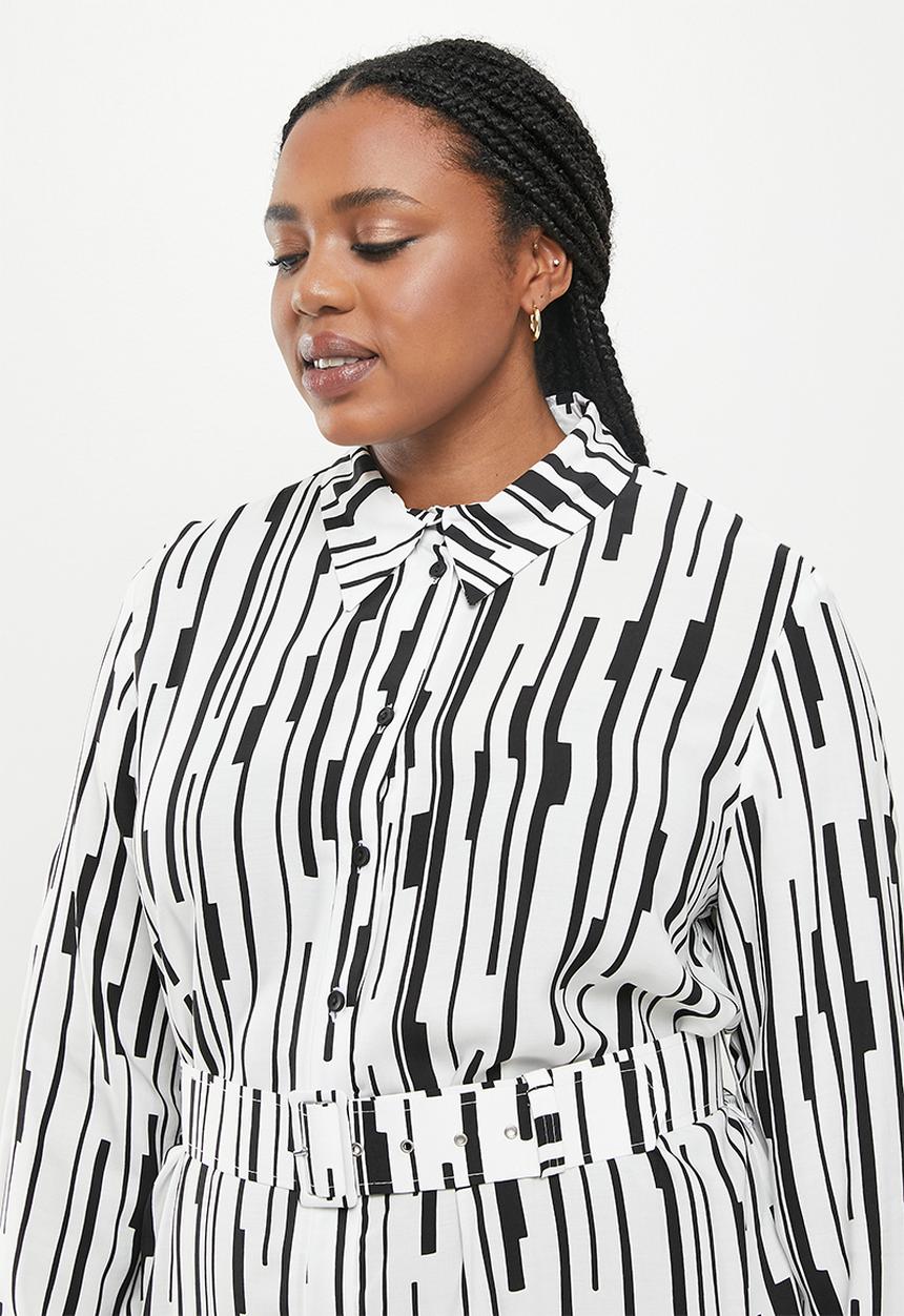 Me&B - Plus belted linen blend dress - black & white 