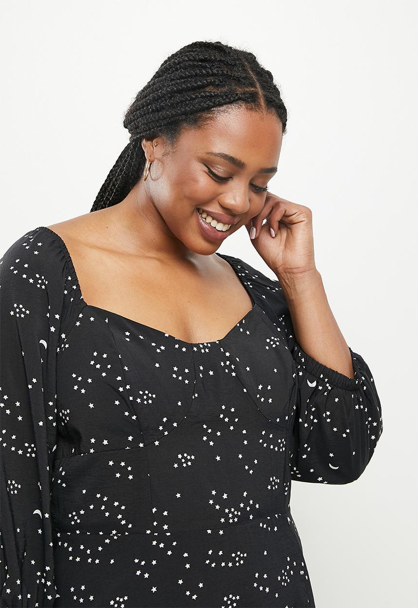 Me&B - Plus star and moon bodice tea dress - black