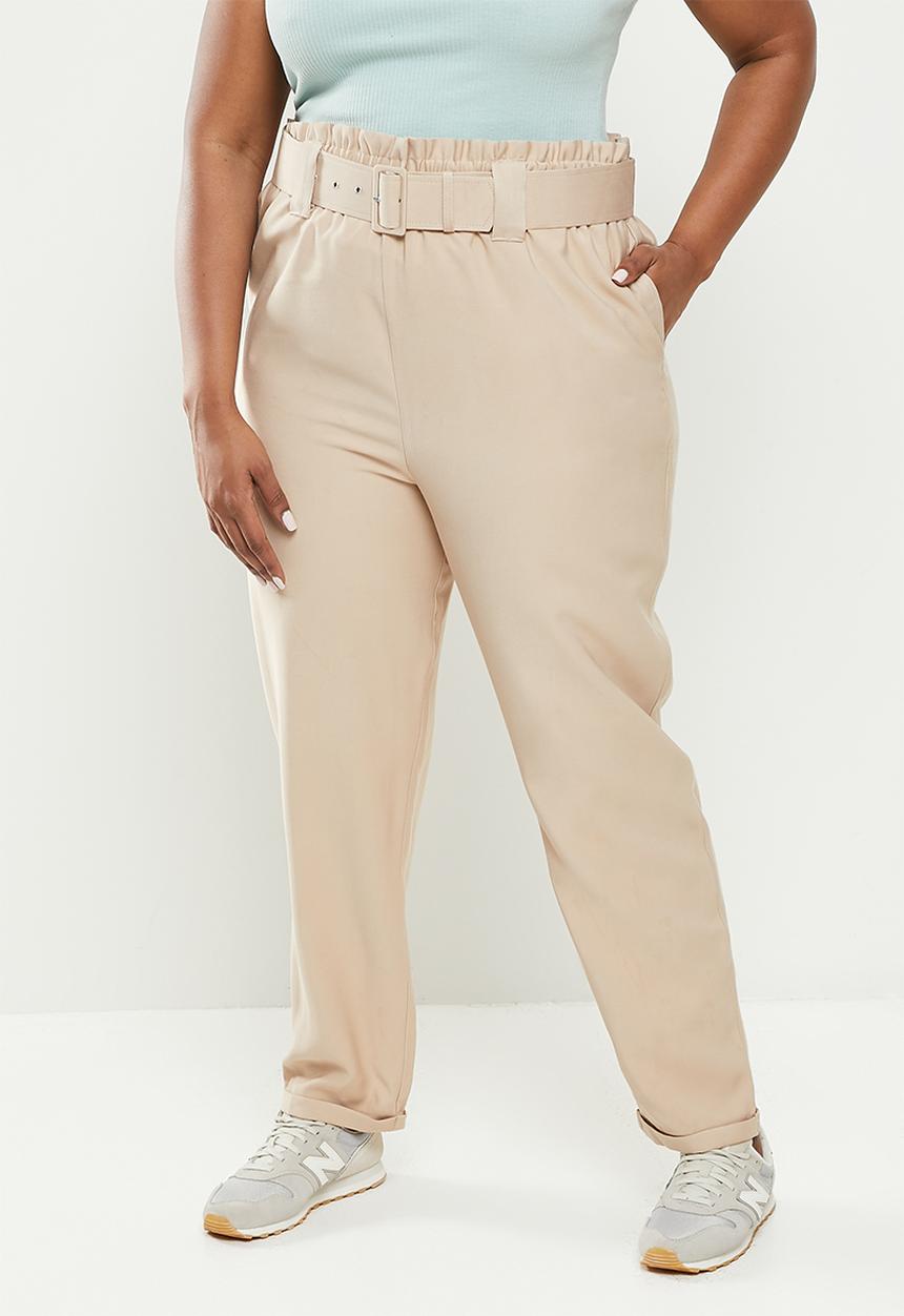 Me&B - Plus elastic easy pant with fabric covered belt - beige 