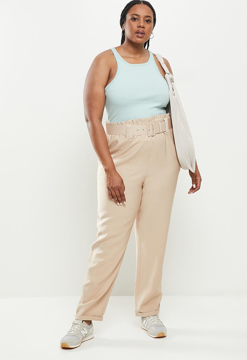 Me&B - Plus elastic easy pant with fabric covered belt - beige 