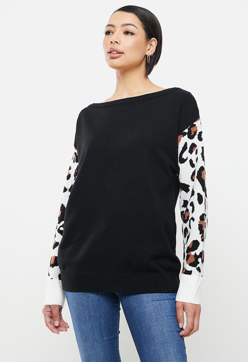 Stella Morgan - Animal printed sleeve knit jersey - black