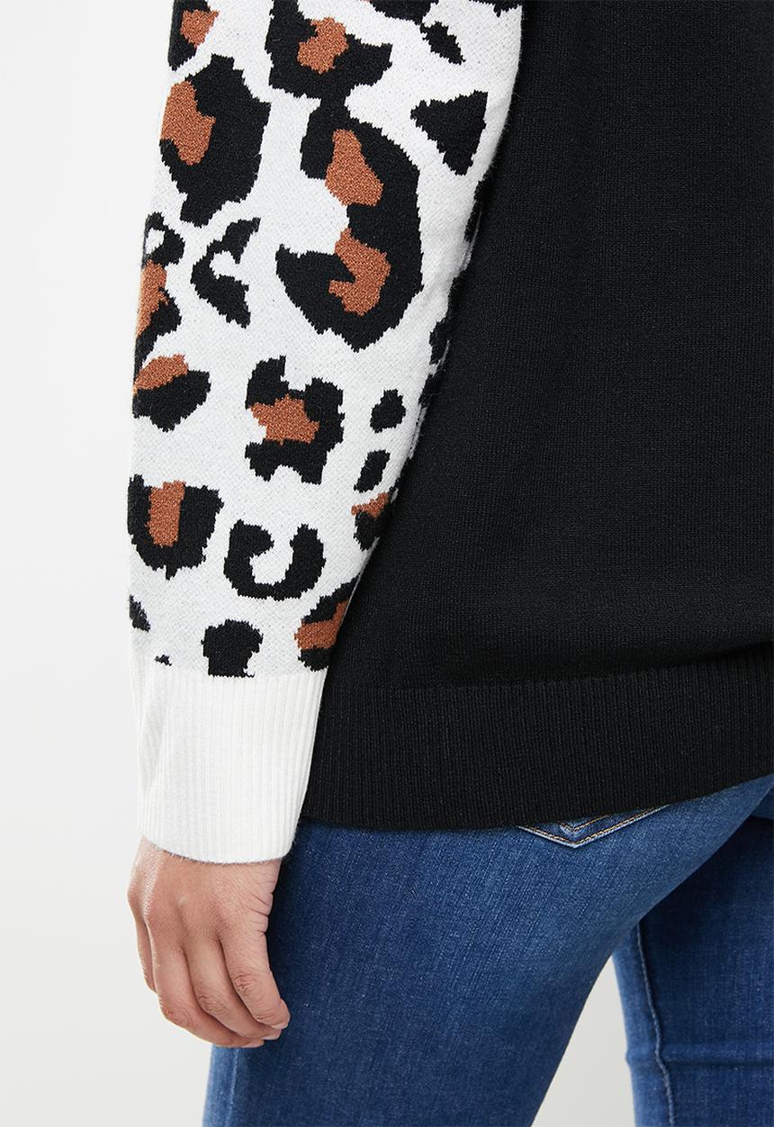 Stella Morgan - Animal printed sleeve knit jersey - black