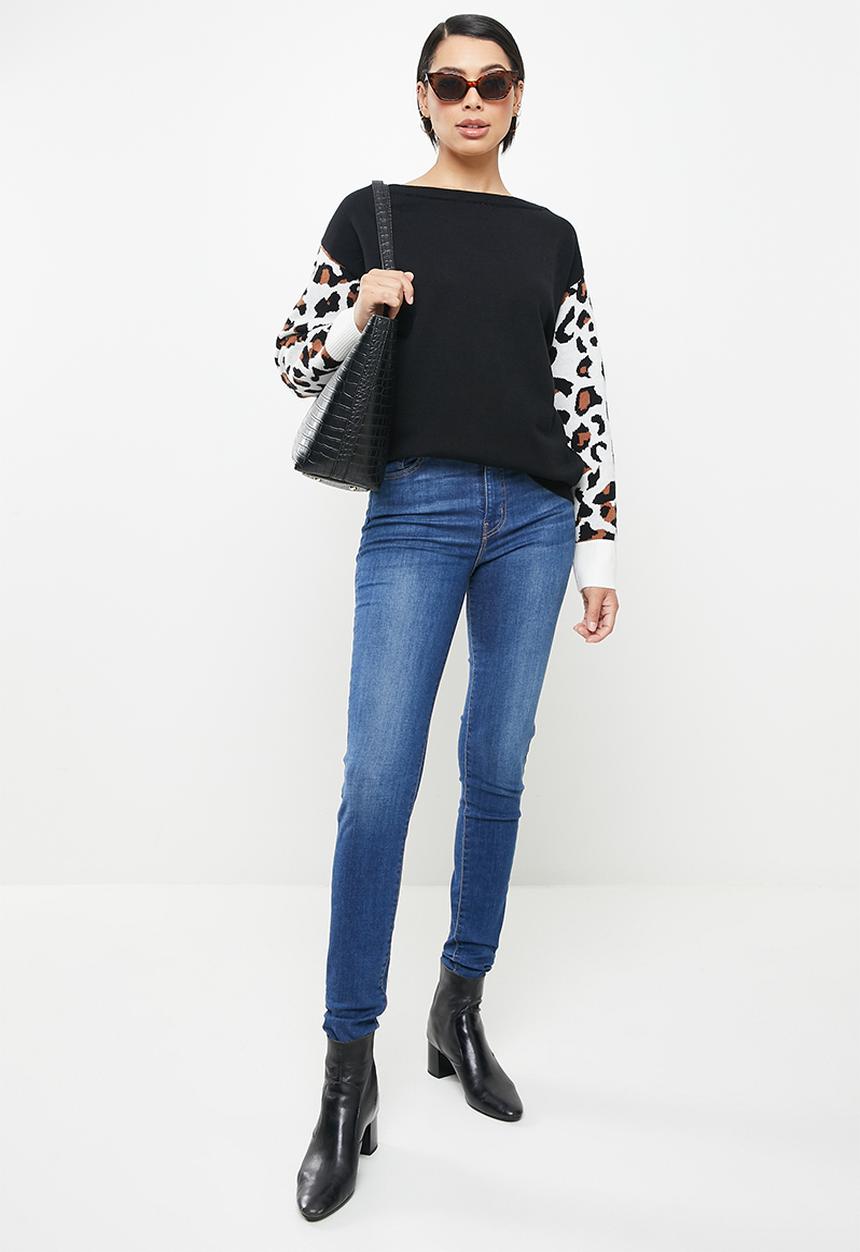Stella Morgan - Animal printed sleeve knit jersey - black
