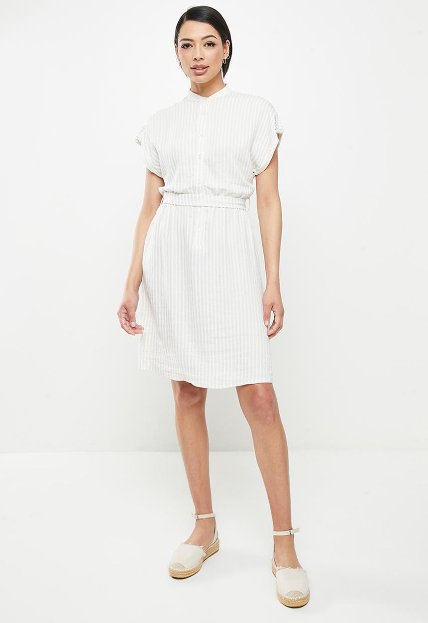 Koton - Mandarin collar short sleeve striped midi dress - beige