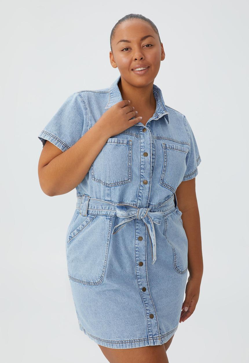 Cotton On - Curve utility mini dress - mid wash