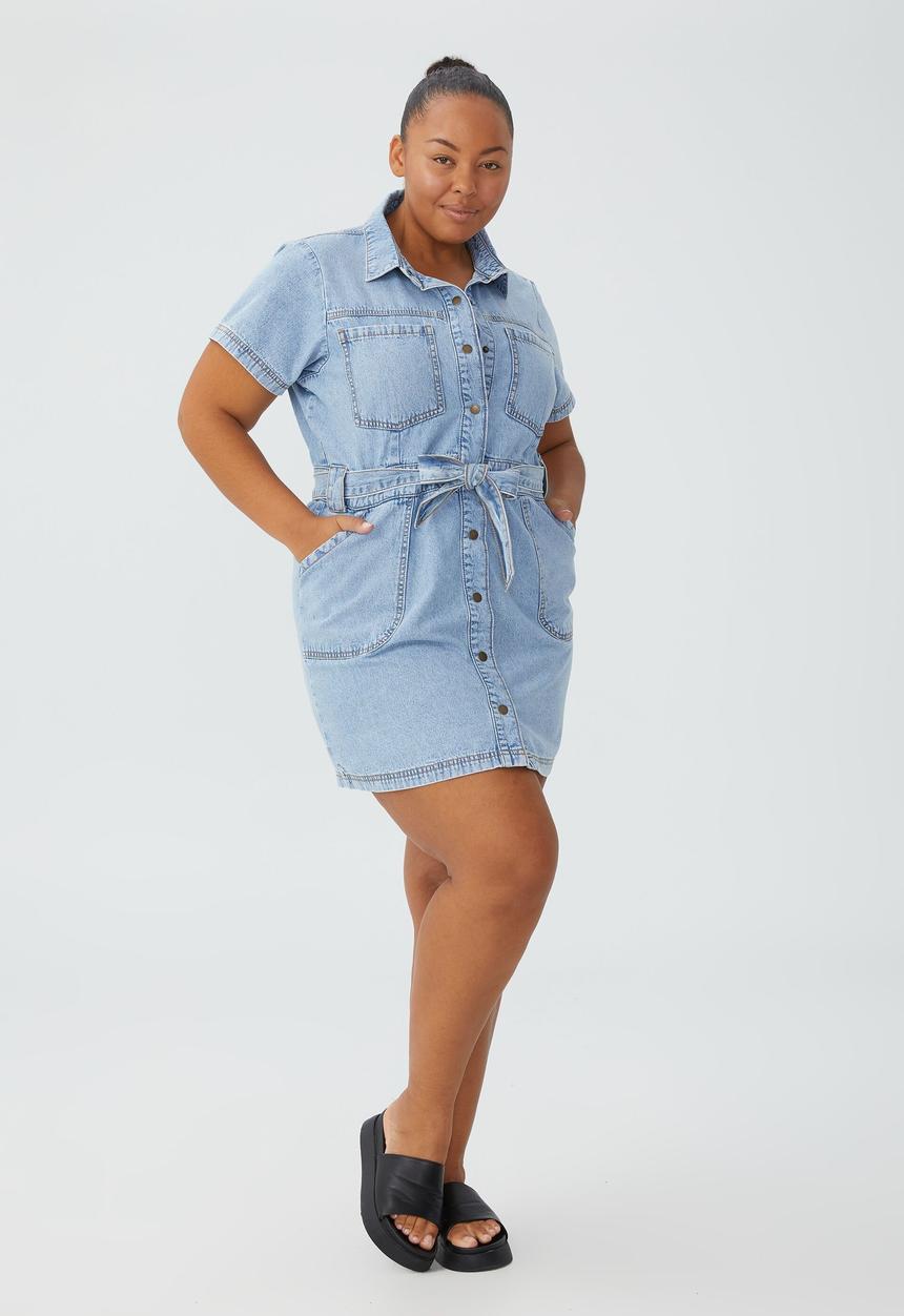 Cotton On - Curve utility mini dress - mid wash