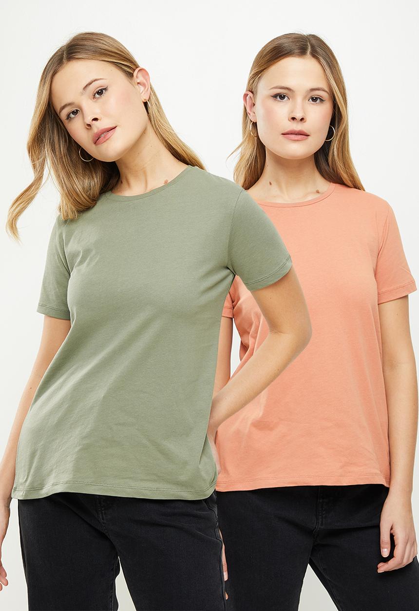 Trendyol - Single jersey crew neck 2-pack knitted T-shirt - khaki & salmon