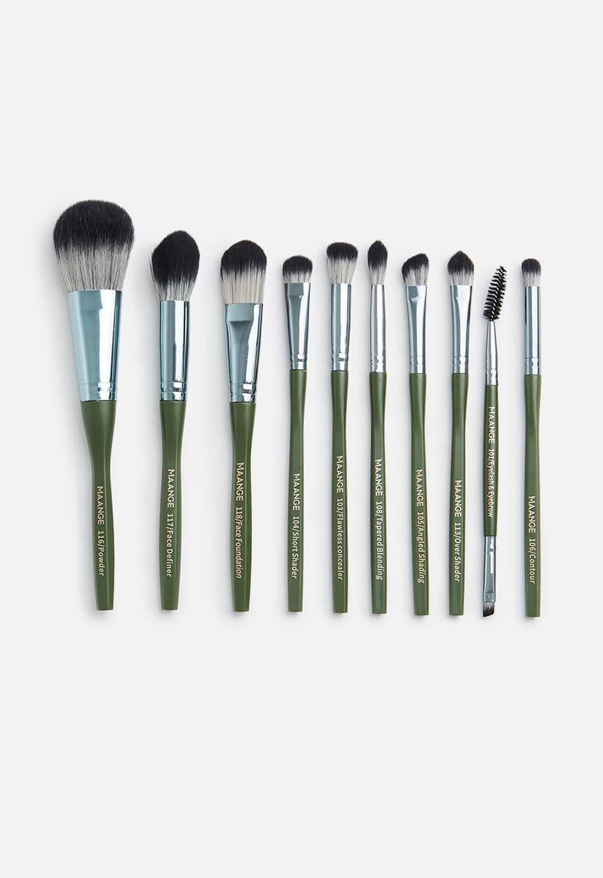 Glam Beauty - Maange 10 Piece Makeup Brush Set + Vegan Leather Pouch - Khaki