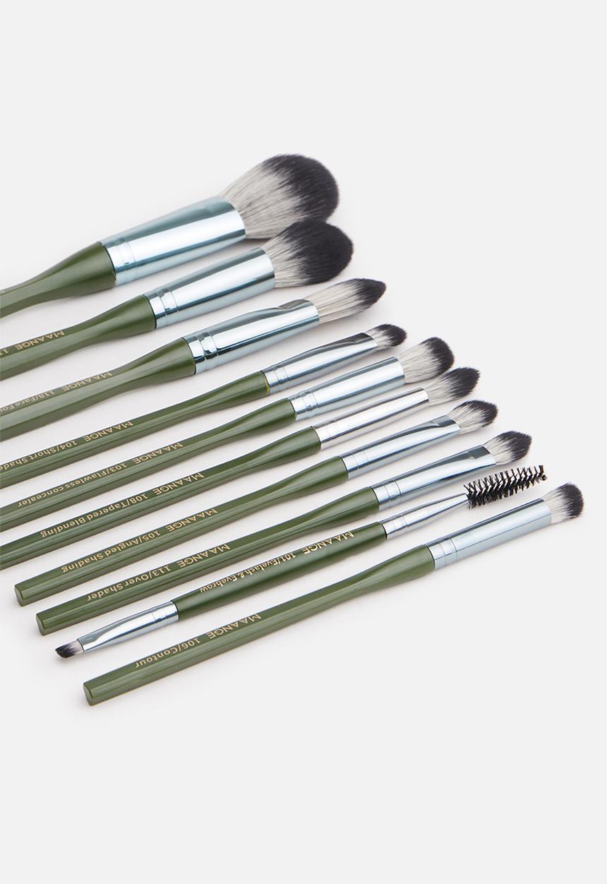 Glam Beauty - Maange 10 Piece Makeup Brush Set + Vegan Leather Pouch - Khaki