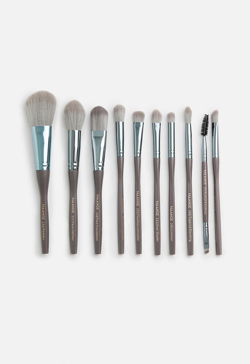 Glam Beauty - Maange 10 Piece Makeup Brush Set + Vegan Leather Pouch - Grey