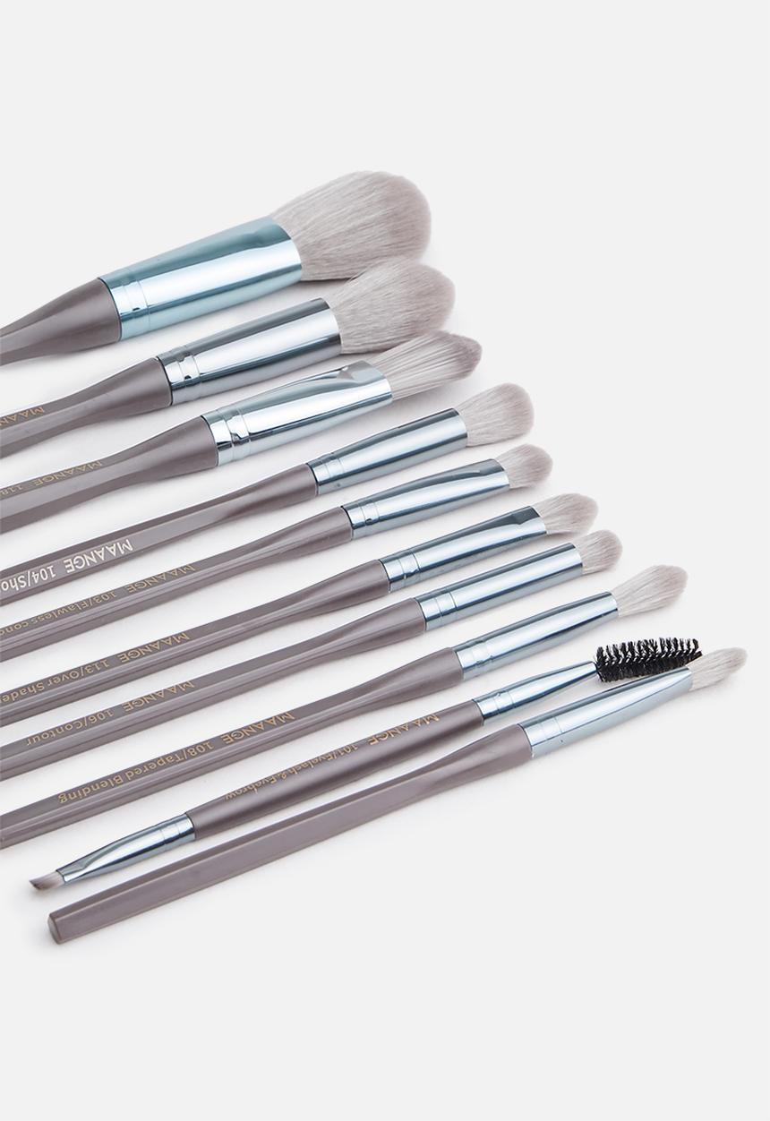 Glam Beauty - Maange 10 Piece Makeup Brush Set + Vegan Leather Pouch - Grey
