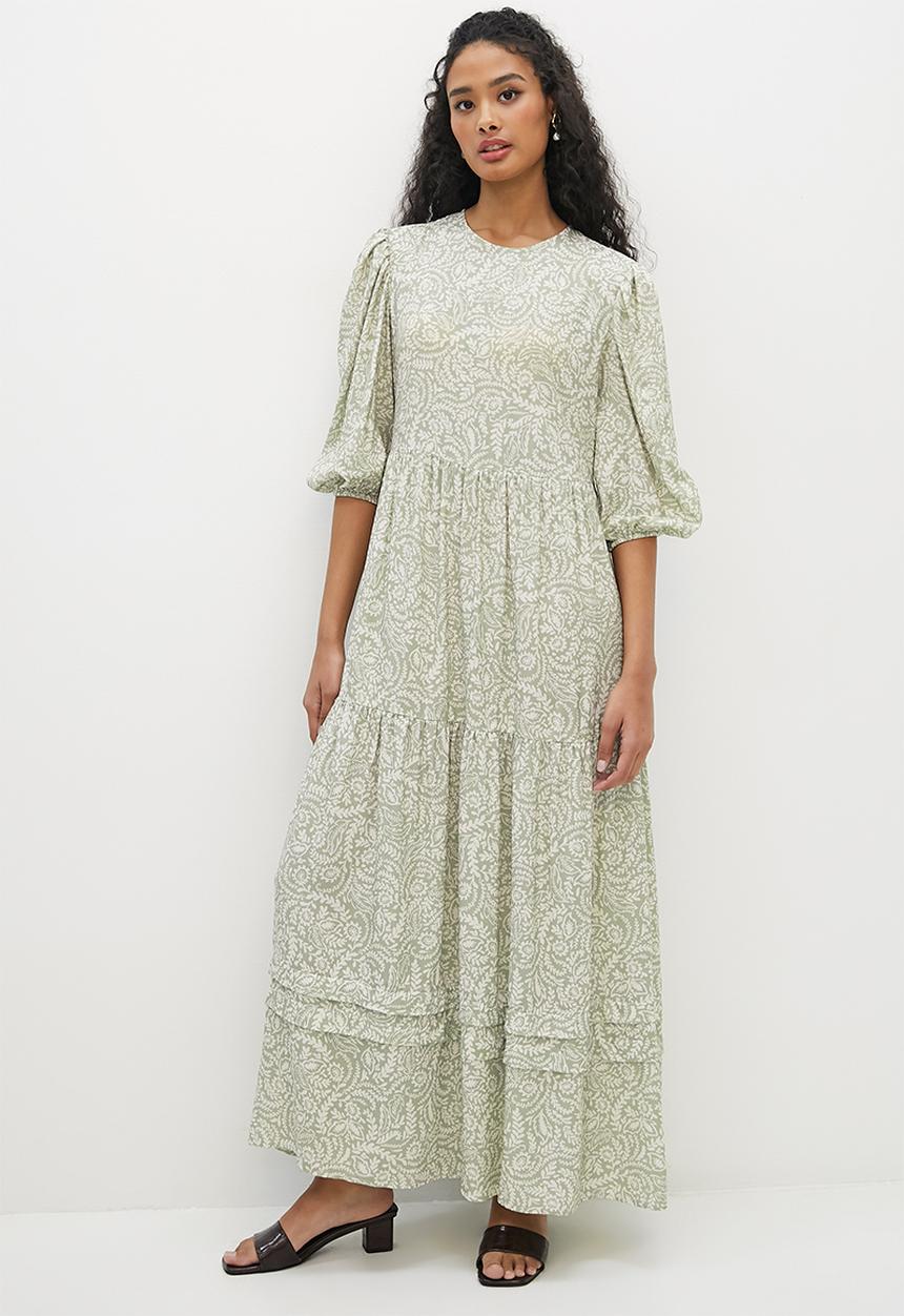 edit - Round neck a-line tier maxi - dusty sage mini paisley