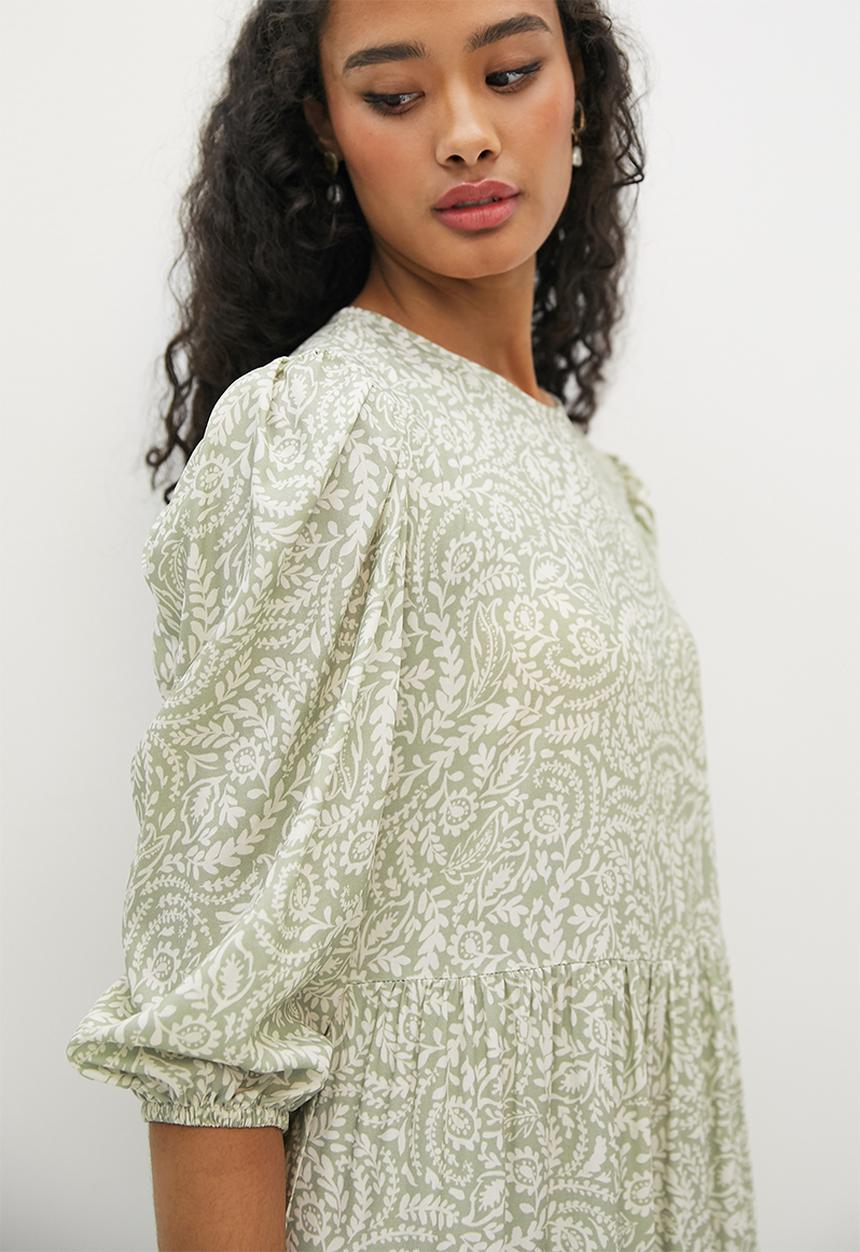 edit - Round neck a-line tier maxi - dusty sage mini paisley