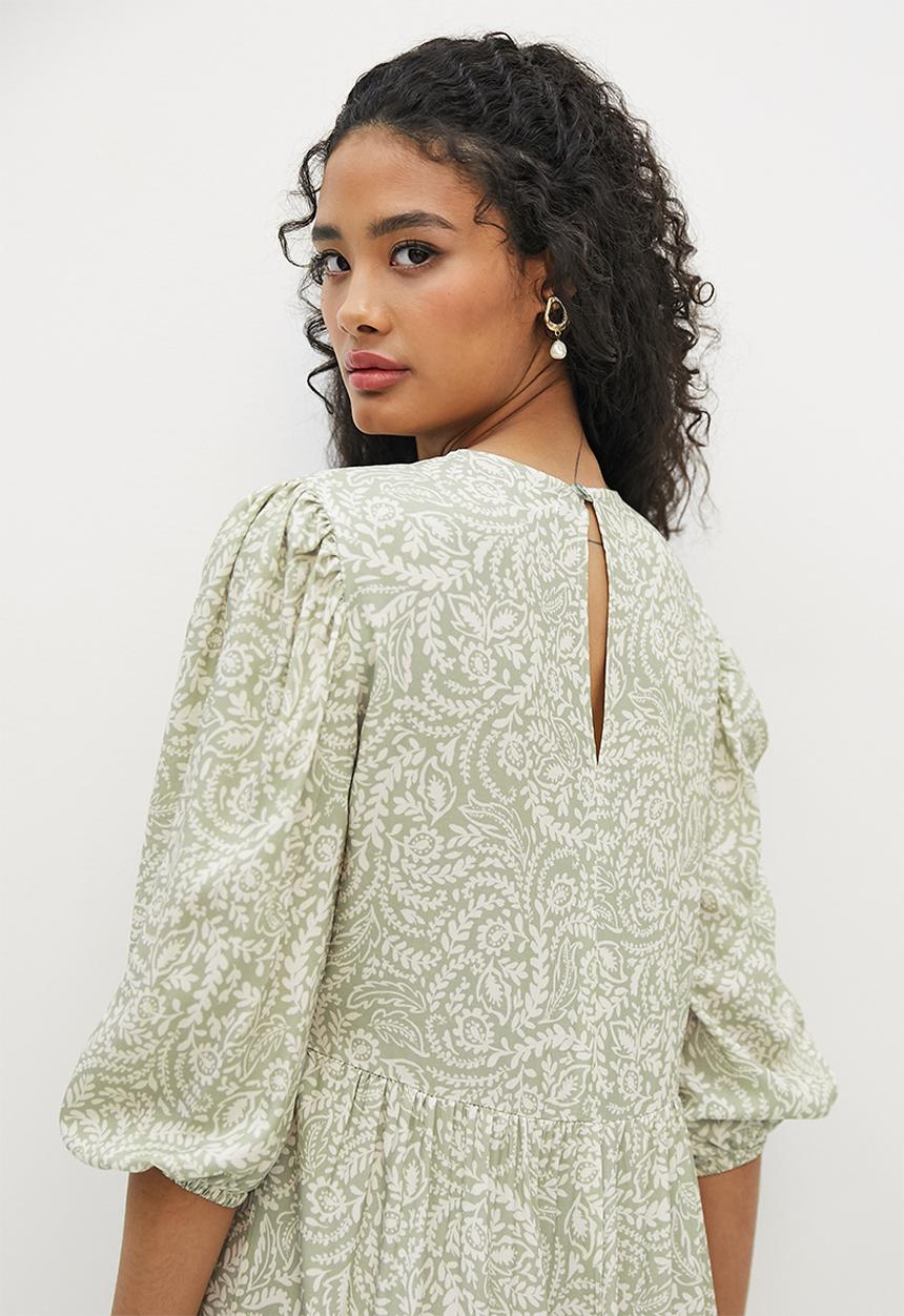 edit - Round neck a-line tier maxi - dusty sage mini paisley