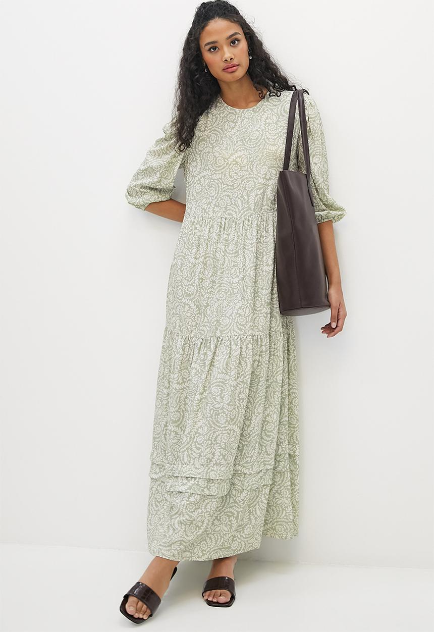 edit - Round neck a-line tier maxi - dusty sage mini paisley
