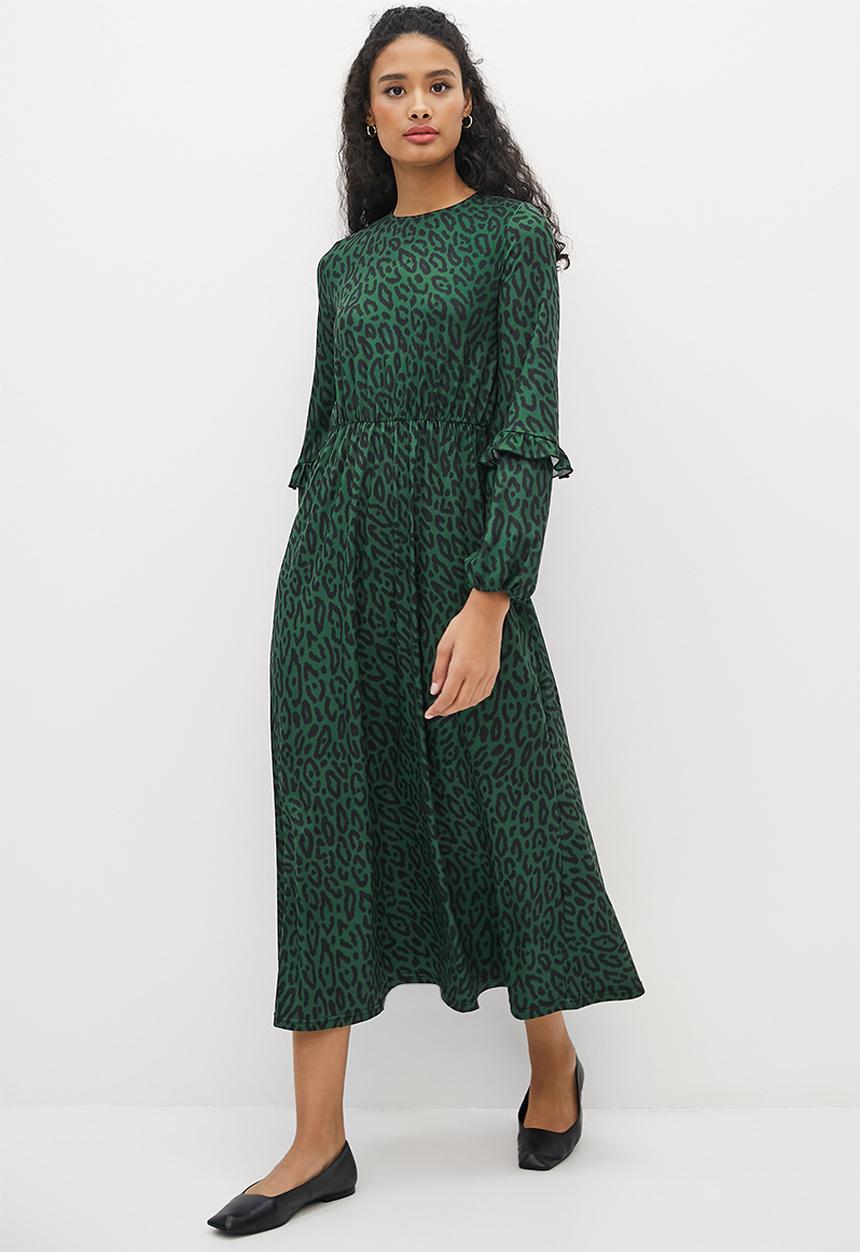 edit - Frilly knit fit & flare midi - bottle green animal
