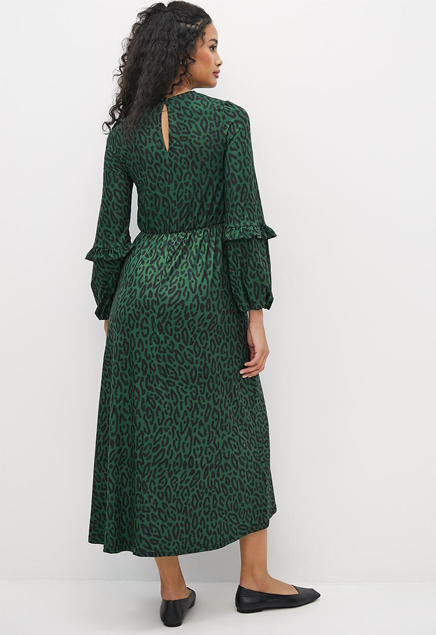 edit - Frilly knit fit & flare midi - bottle green animal