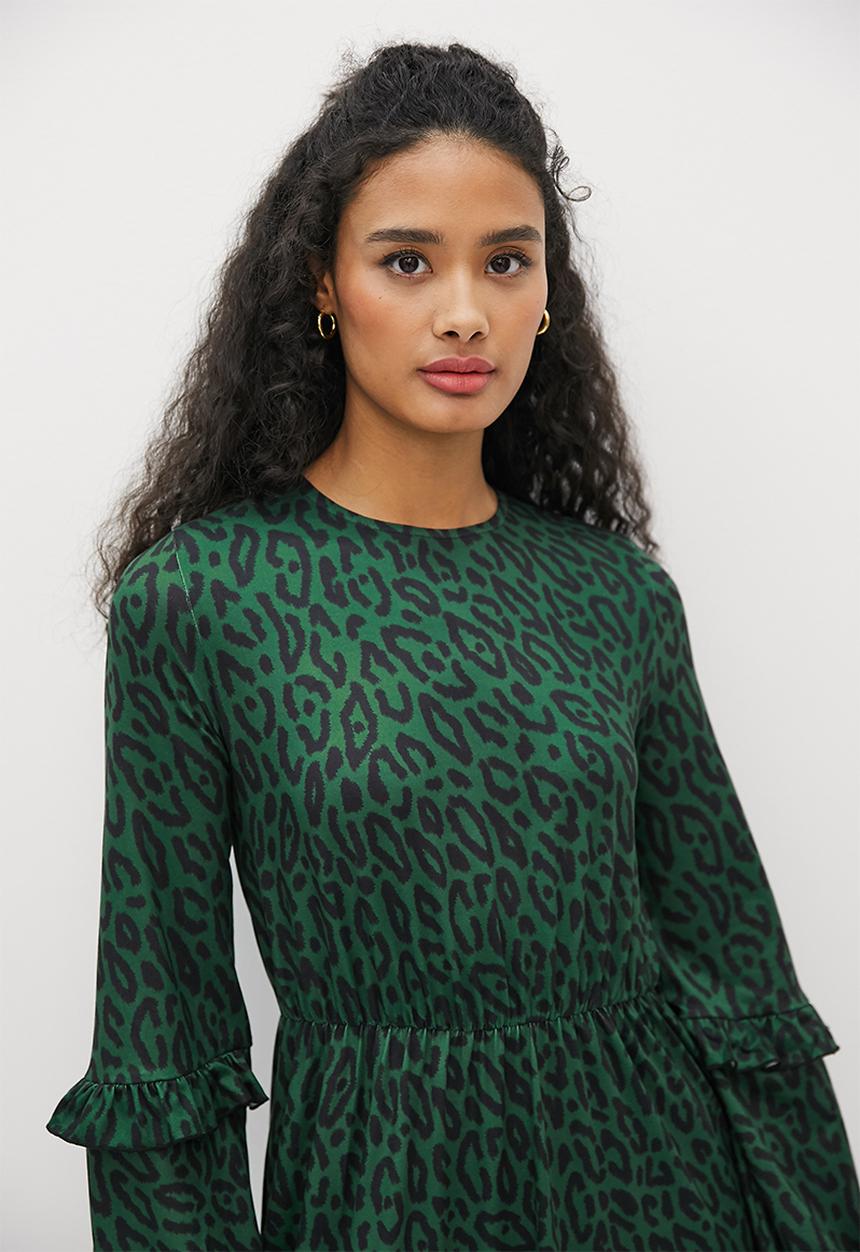 edit - Frilly knit fit & flare midi - bottle green animal