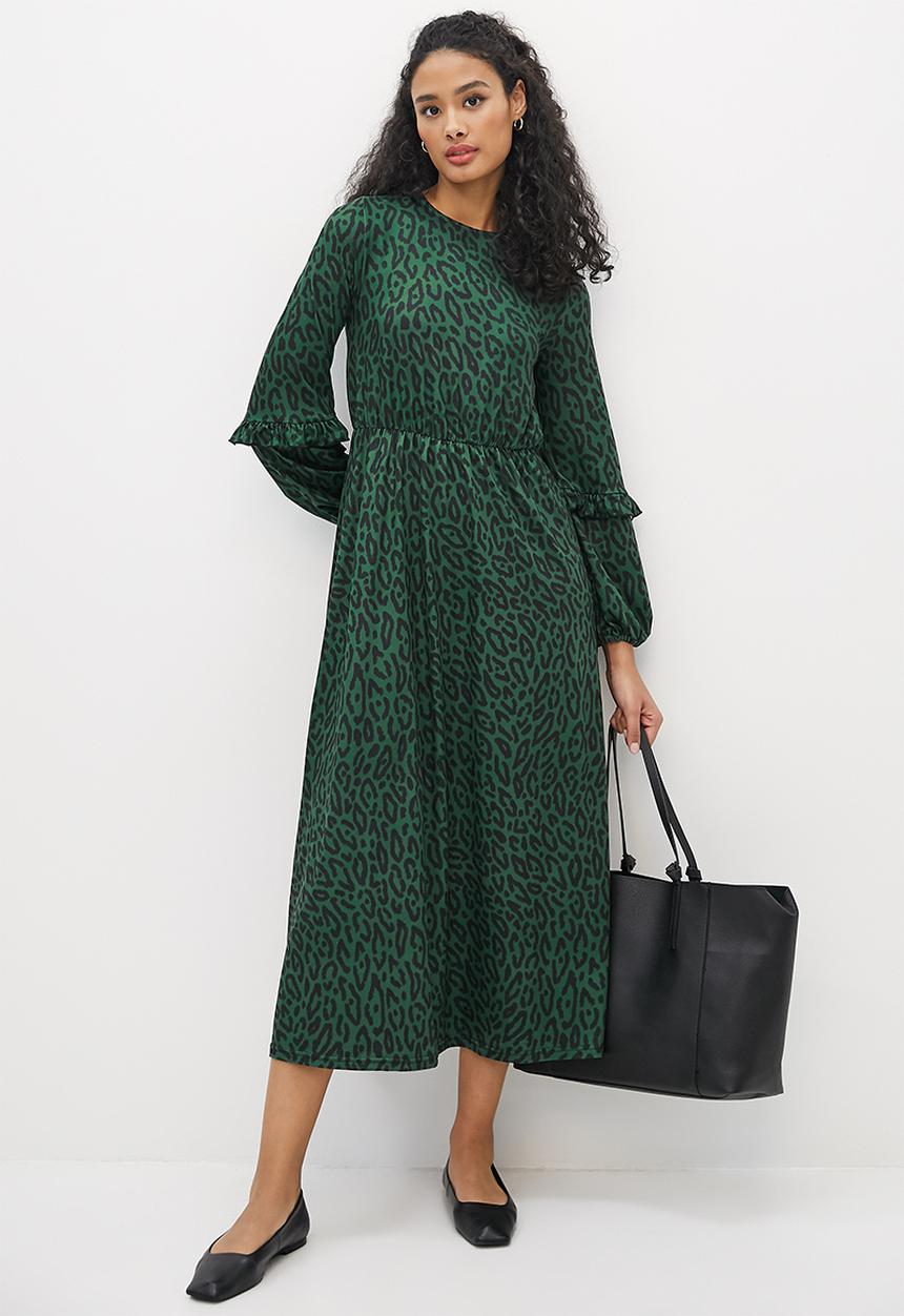 edit - Frilly knit fit & flare midi - bottle green animal