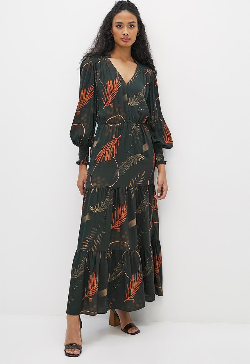 edit - Frill femme tiered maxi dress - abstract dark foliage