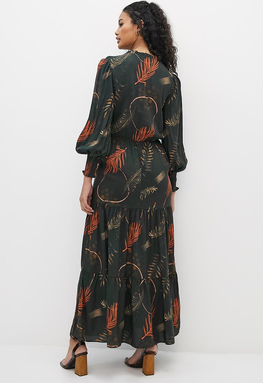 edit - Frill femme tiered maxi dress - abstract dark foliage