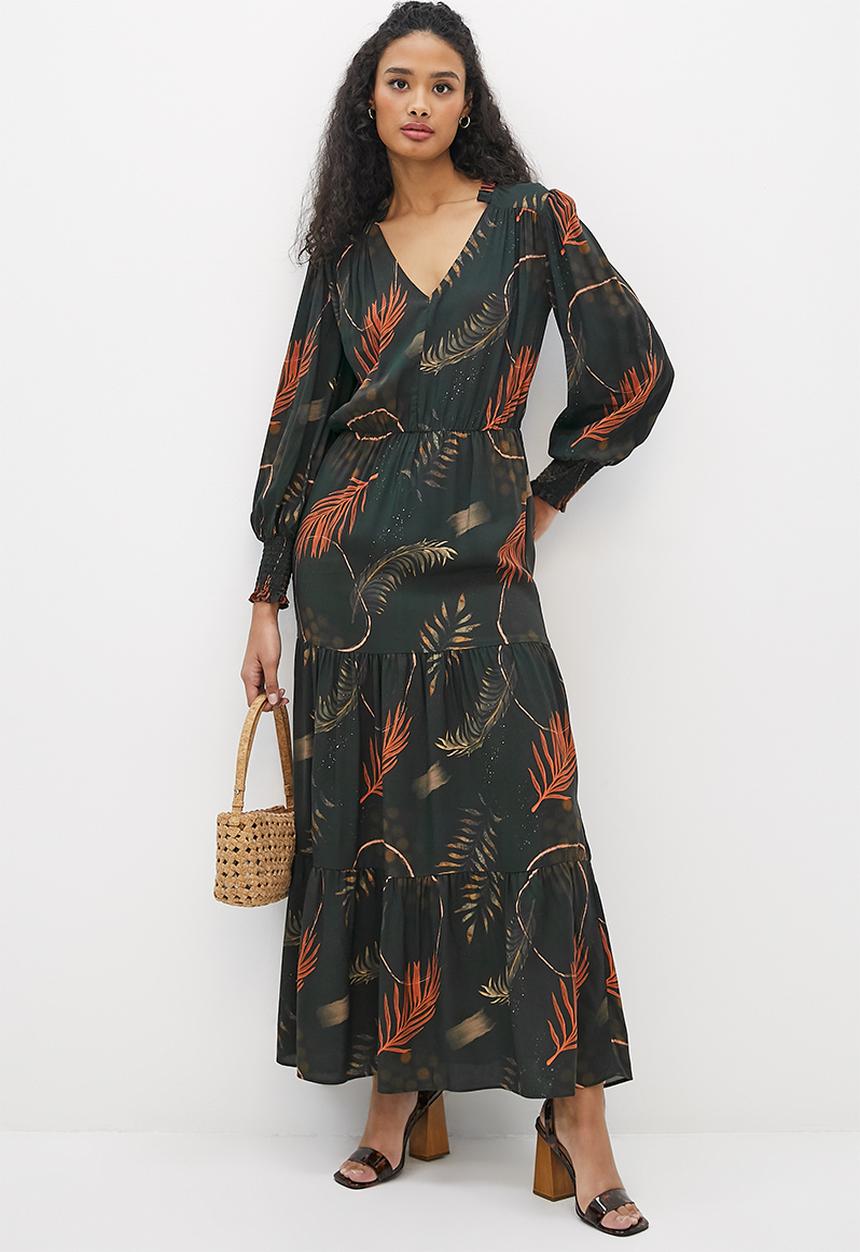 edit - Frill femme tiered maxi dress - abstract dark foliage