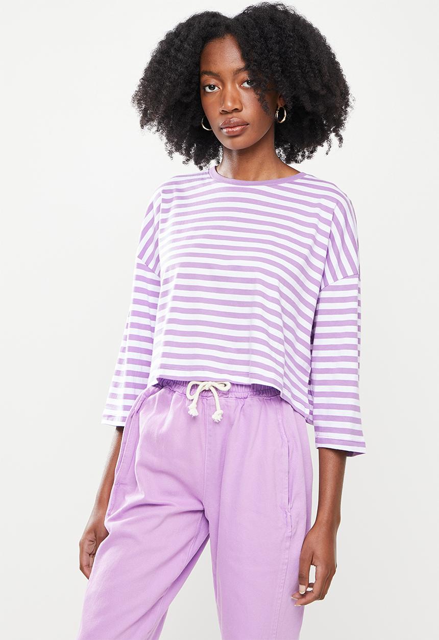 Noisy May - Nelly stripe 3/4 o-neck top- purple & white 