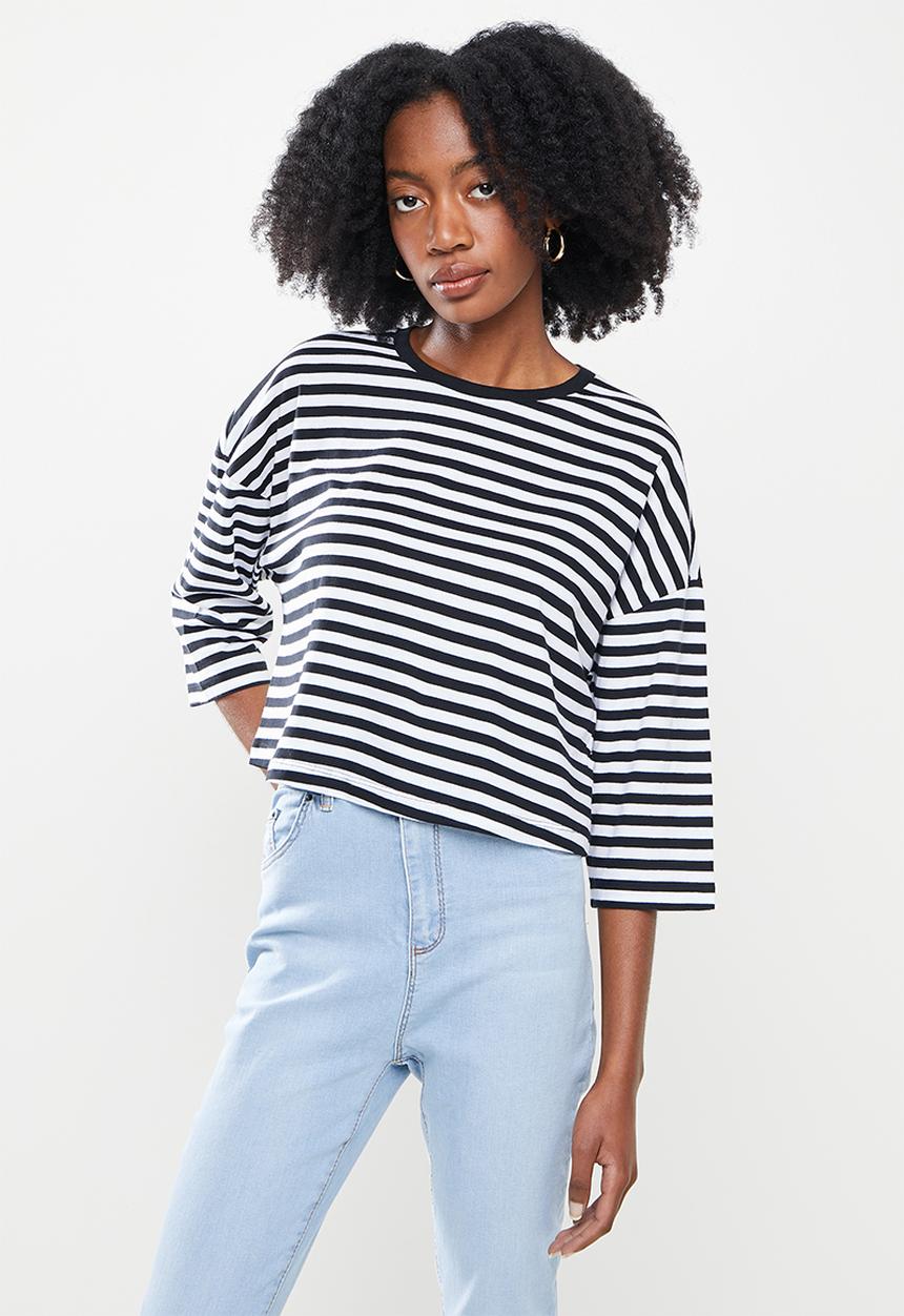 Noisy May - Nelly stripe 3/4  o-neck top - black & white 
