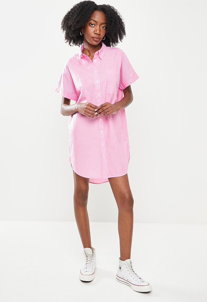 Noisy May - Alba short sleeve short shirt dress - pink & white 
