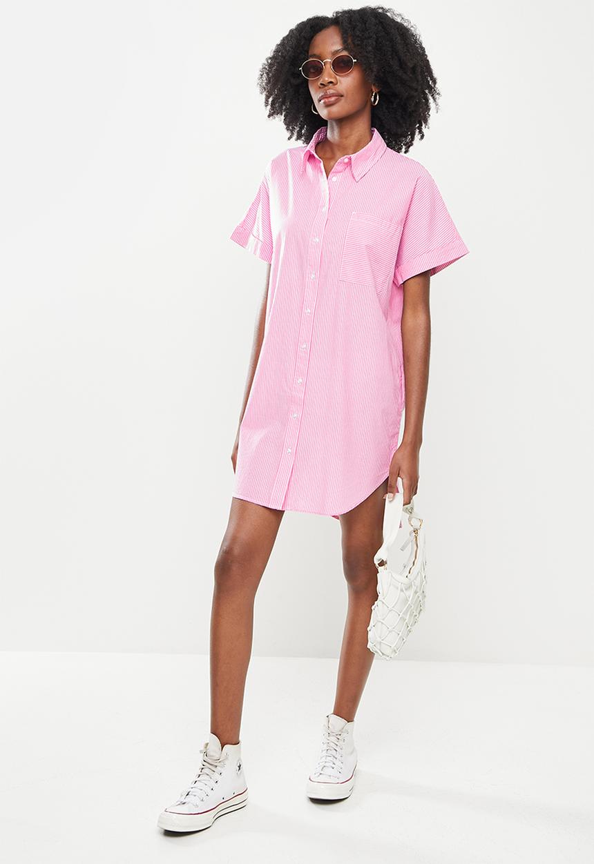 Noisy May - Alba short sleeve short shirt dress - pink & white 