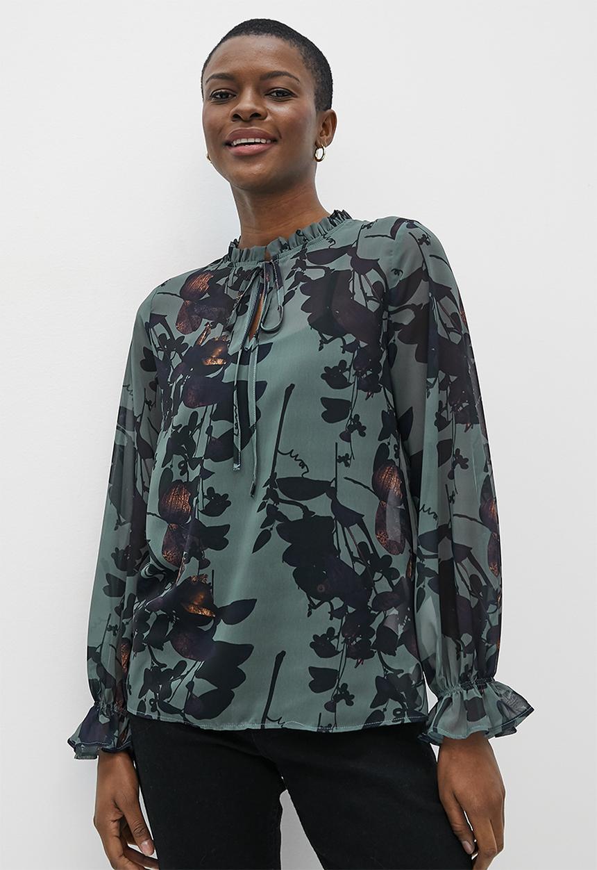 edit - Chiffon piecrust collar blouse - moody botanical