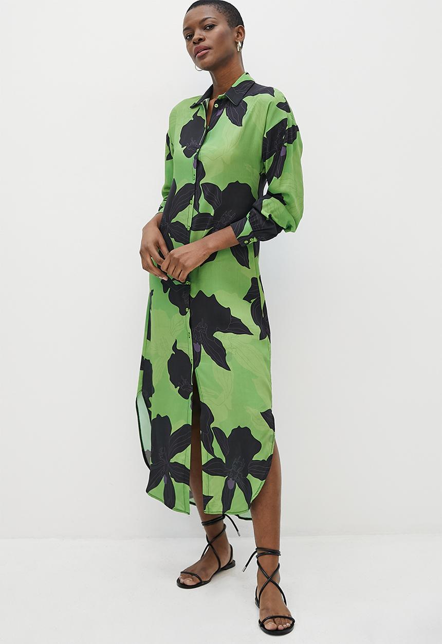 edit - Collumn collar shirt dress - green black bold floral