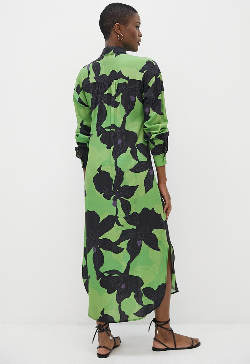 edit - Collumn collar shirt dress - green black bold floral